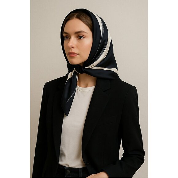 Chang Joh Silk Scarf Square 34x34 Black Gray White Abstract Brushstroke Design - Picture 7 of 10